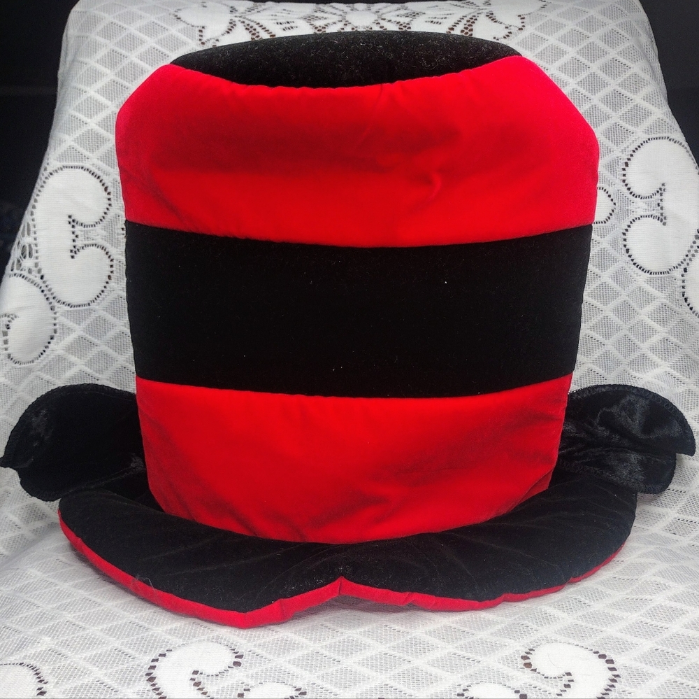Walt Disney World Mickey Mouse Plush Velvet Top Hat Red Black Stripe Ears Unisex
